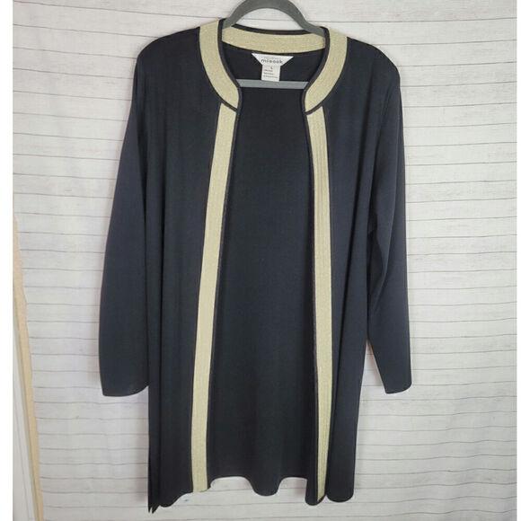 Exclusively Misook Black Midi Cardigan w Metallic Gold Border Detail, sz Large - Picture 1 of 16
